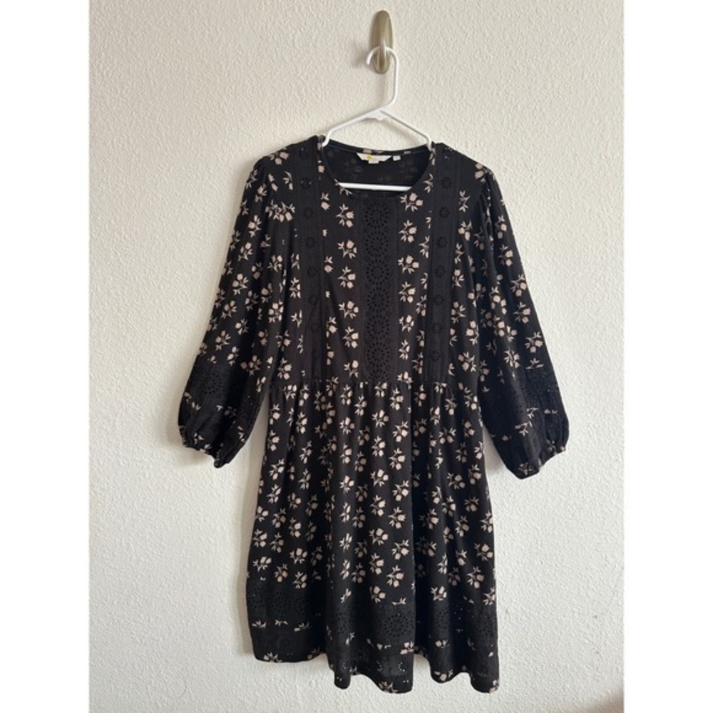 Boden Black Floral Long Sleeve Pockets Eyelet Dress Boho Cottagecore US 10R